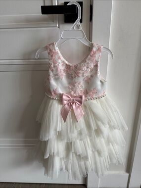 American Princess Ivory and Pink Floral Tulle Party Dress with Satin Bow